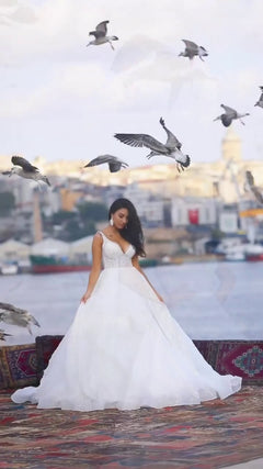 G21-141A - فستان زفاف عاجي مزخرف منفوش - Gelinlik21