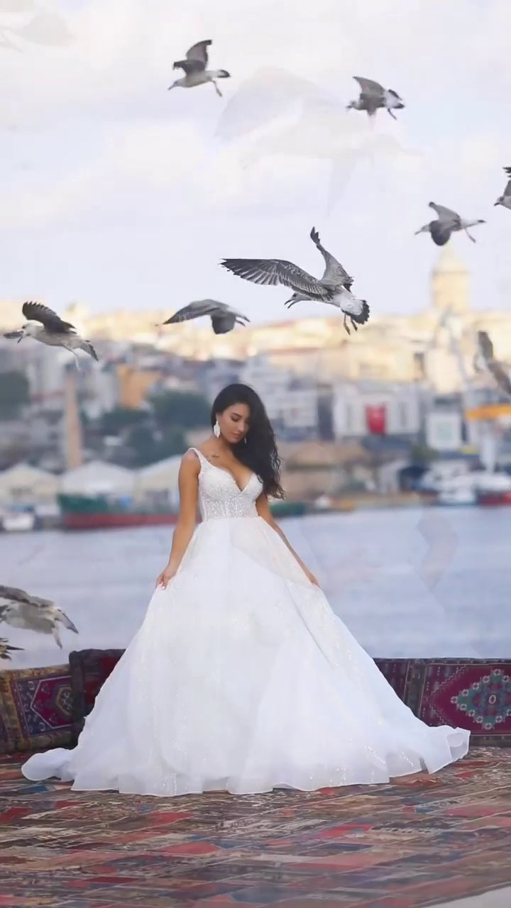 G21-141A - فستان زفاف عاجي مزخرف منفوش - Gelinlik21