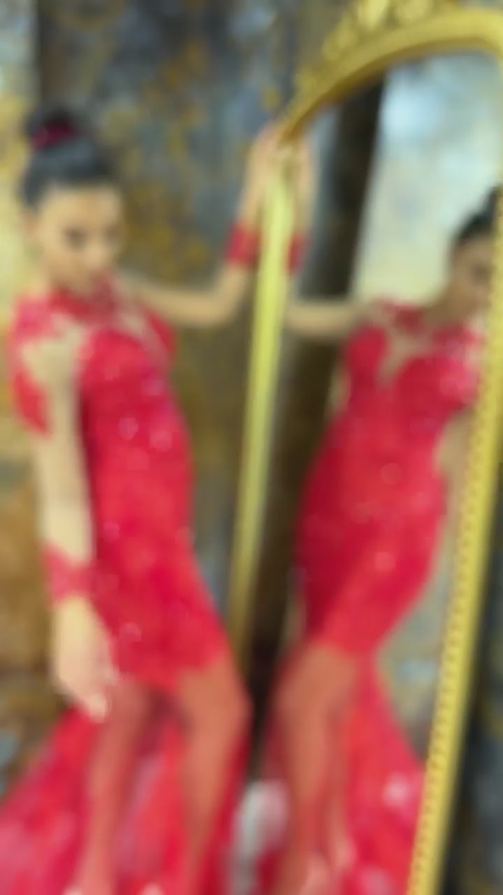 G21-143A - قرمزي فستان زفاف منفوش من الدانتيل المطرز بالخرز